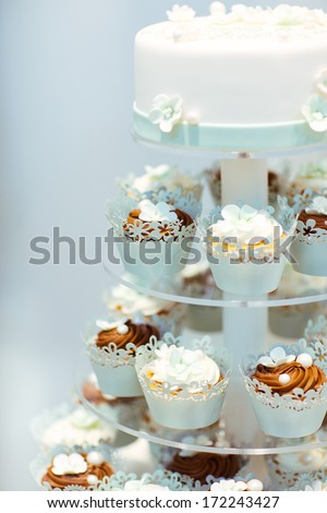 Wedding Cake And Cupcakes In Brown And Cream In Blue, White And Brown