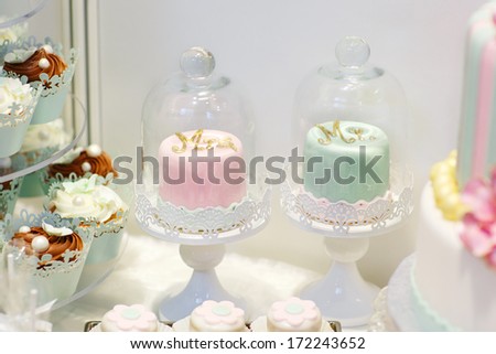 Detail of sweet table on wedding with cupcakes and bride and groom cakes