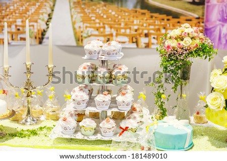 Wedding cake and cupcakes on event or reception party