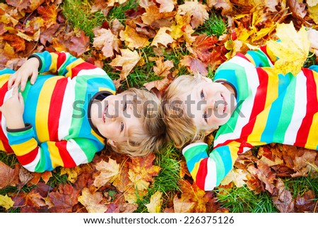 Two little kid boys lying in autumn leaves in colorful clothing. Happy siblings having fun in autumn park on warm day.