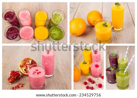 Collage of four different fruit, berry and vegetables healthy smoothies on wooden background. Green smoothie with spinach, orange juice,smoothie with berries and smoothie with blueberry and blackberry