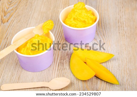 Serving of frozen homemade creamy ice yoghurt  with fresh mango and wooden spoon. Healthy bio organic and vegan dessert.