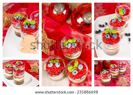 Collage of Christmas dessert. Sweet dessert tiramisu with strawberry, fresh blueberry and basil creme