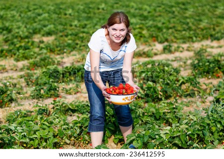Happy young woman on pick a berry farm picking strawberries in bowl, outdoors. fresh organic berries. On sunny warm summer day.