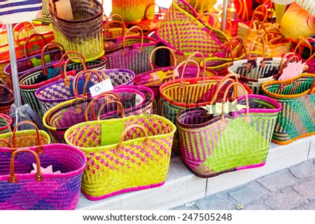 Colorful handmade bags for selling on mediterranean farmers market.