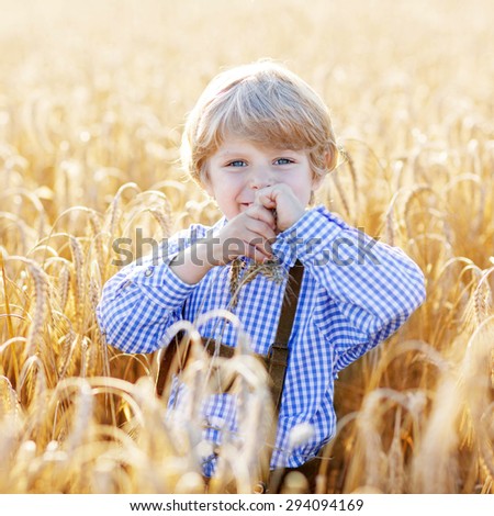 Funny little kid boy in traditional German bavarian clothes, leather shorts and check shirt, , walking happily through wheat field near  hay stack or bale.