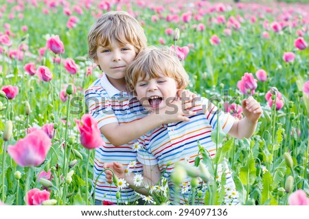 happy little blond siblings in blooming poppy field with pink flowers. Smiling boys. Active leisure with kids in summer, on sunny warm day, outdoors.
