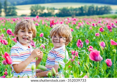 Two Cute happy little blond friends in blooming poppy field with pink flowers. Smiling boys. Active leisure with kids in summer, on sunny warm day, outdoors.