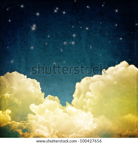 A fantasy cloudscape with stars. Retro illustration on textured vintage paper