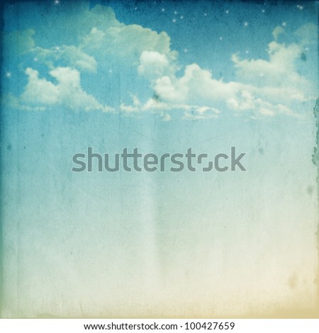 A Fantasy Cloudscape With Stars. Retro Illustration On Textured Vintage Paper