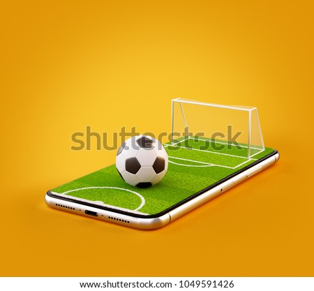 Unusual 3d illustration of a soccer field and soccer ball on a smartphone screen. Watching soccer and betting online concept