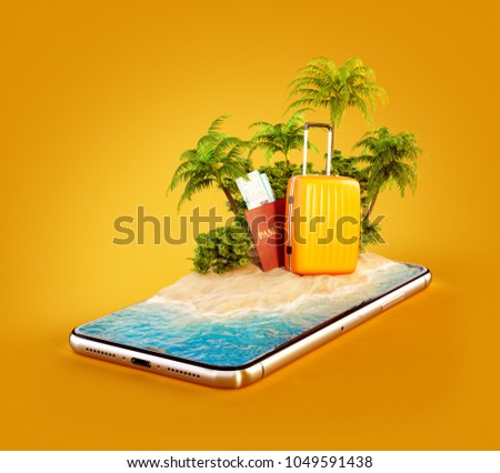 Unusual 3d illustration of a tropical island with palm trees, suitcase and passport on a smartphone screen. Travel and vacation concept