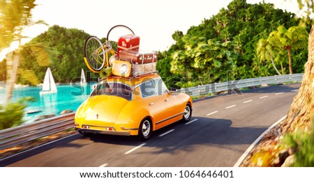 Cute little retro car with suitcases and bicycle on top goes by the road along beautiful harbor between mountain in summer day. Unusual 3d illustration. Travel and vacation concept