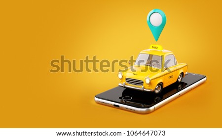 Smartphone application of taxi service for online searching calling and booking a cab. Unusual 3D illustration of taxi cab on smart phone. Taxi concept