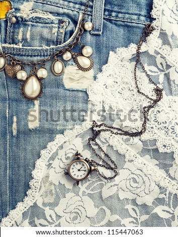 Retro Background With Vintage Jewelry And Jeans Texture