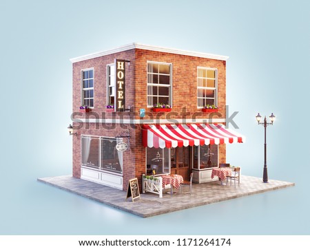 Unusual 3d illustration of a cozy cafe, coffee shop or coffeehouse building with striped awning and outdoor tables