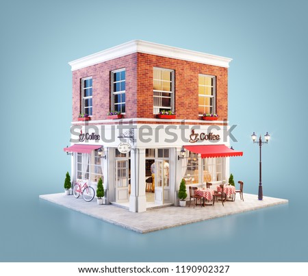 Unusual 3d illustration of a cozy cafe, coffee shop or coffeehouse building with red awning and outdoor tables