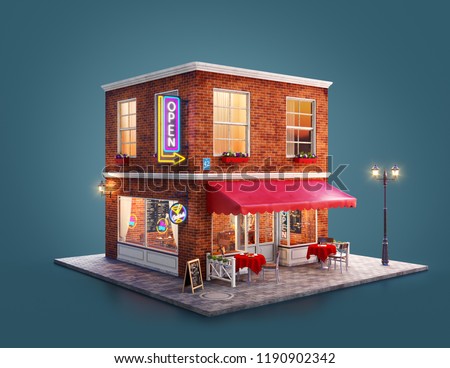 Unusual 3d illustration of a night club, cafe, pub or bar building with red awning, neon signs and outdoor tables