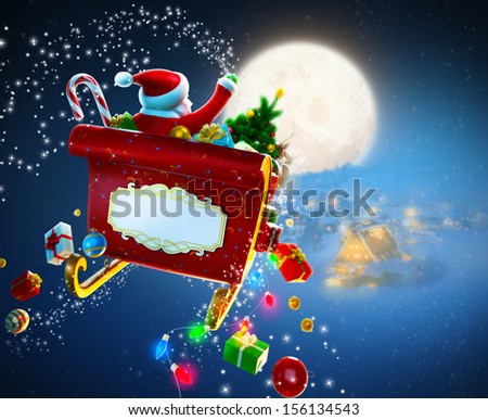 Christmas background Santa Claus flies by sleigh above houses Christmas background Santa Claus flies by sleigh above houses