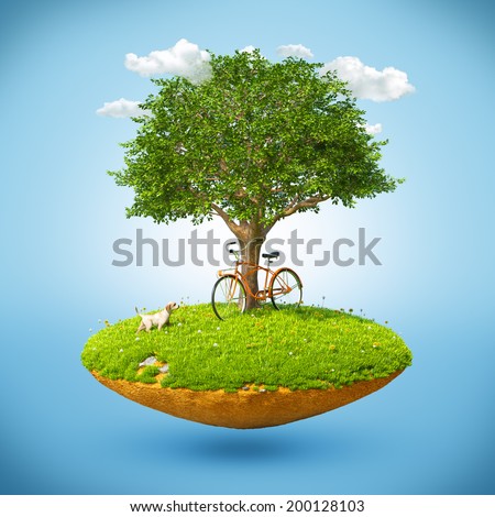 Beautiful small island with grass and tree levitating in the sky.
