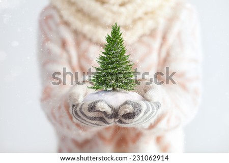 Young woman in mittens holding snow in her hands with snowy tree. Unusual christmas concept