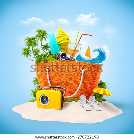 Beach bag with with tropical island inside on  sand. Unusual Travel Background