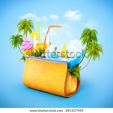 Tropical palms and ocean wave in opened women\'s casual purse. Unusual travel illustration.