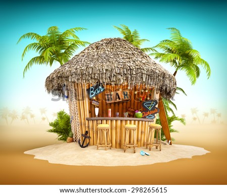 Bamboo tropical bar on a pile of sand. Unusual travel illustration