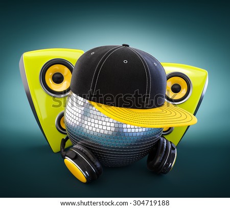 Mirror ball with cap and headphones. DJ.