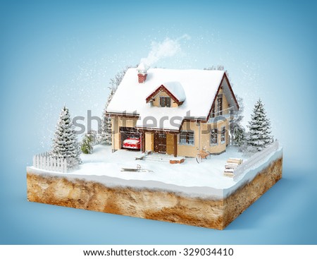 Cute house on a piece of earth with snowed garden and trees in winter. Isolated