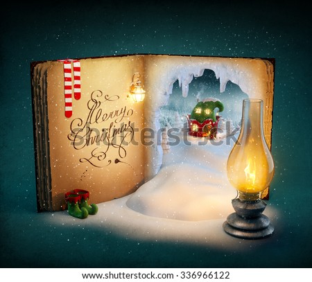 Magical opened book with fairy country and christmas stories. Unusual christmas illustration