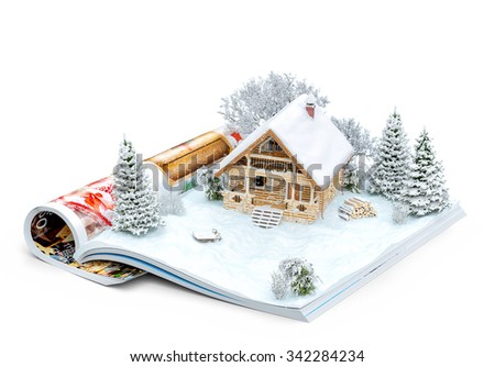 Cute log house on a page of opened magazine in winter. Unusual winter illustration. Isolated