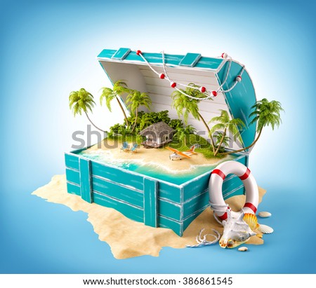 Fantastic tropical island with bungalow and deck chairs in opened wooden box on a pile of sand