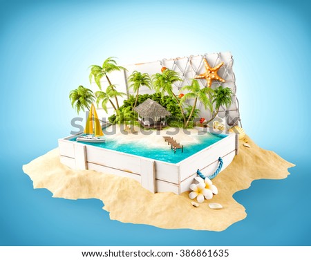 Fantastic tropical island with bungalow in opened wooden box on a pile of sand