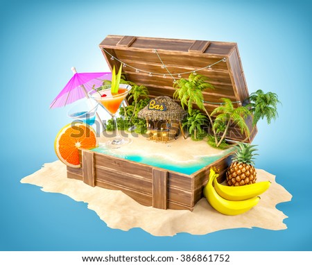 Tropical bar with cocktails and fresh fruits on the island inside opened wooden box on a pile of sand. Unusual party illustration