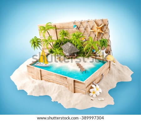 Fantastic tropical island with bungalow in opened wooden box on a pile of sand