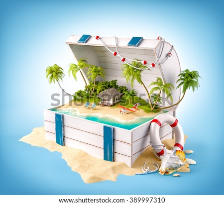 Fantastic tropical island with bungalow and deck chairs in opened wooden box on a pile of sand