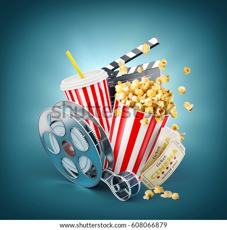 Popcorn, cinema reel, disposable cup, clapper board and tickets at blue background. Concept cinema theater 3D illustration.