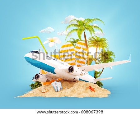 Passenger airplane and tropical palm on a paradise island. Unusual travel 3d illustration. Summer vacation and air travel concept