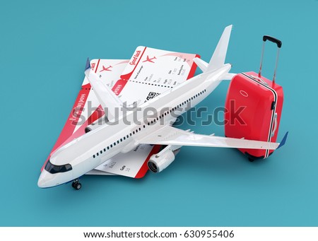 Airplane and boarding passes. Traveling around the world by plane. Flights and traveling concept. Unusual 3d illustration