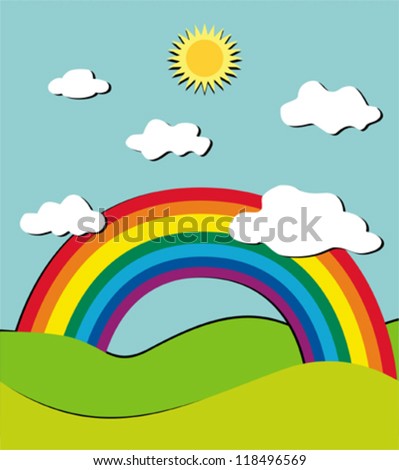 Stylized vector landscape with rainbow,sun and clouds