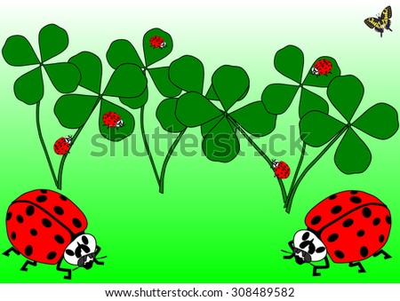 lady beetles, many clover leaves and one butterfly