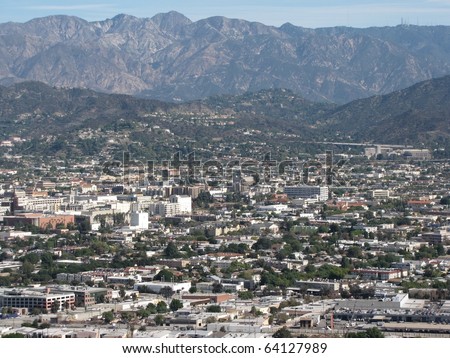 Aerial view of Burbank, CA and the San Gabriel Mountains from Griffith Park