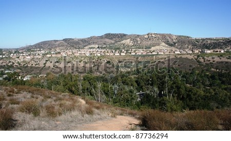 Panoramic view of hills, trees and suburbs, Santiago Oaks Regional Park, Orange County, CA