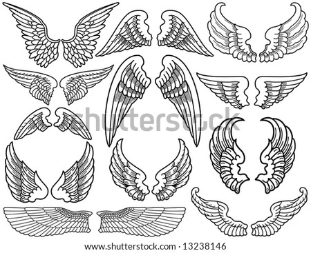 stock vector Twelve Sets of Black and White Angel Wings
