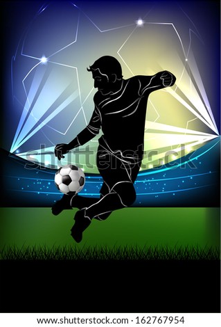 Vector illustration of football player dribbling the ball in jump silhouette over football stadium background.