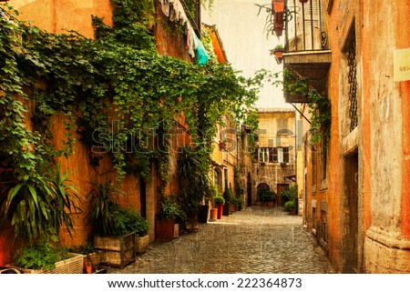 Picture of narrow typical street of Rome stylized like retro vintage picture.