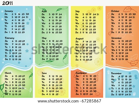 Year Calendar on Stock Vector   Calendar For Year 2011 Made In Four Columns With Breaks