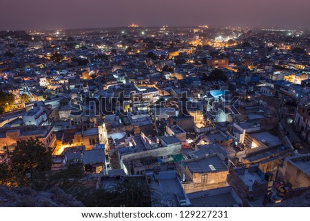 Sundown over Jodhpur city in Rajasthan state in India. City is called Blue city