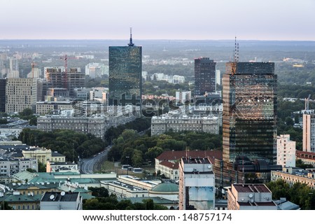 Panorama of Warszawa city during sundown. Warszawa is a capital of Poland.